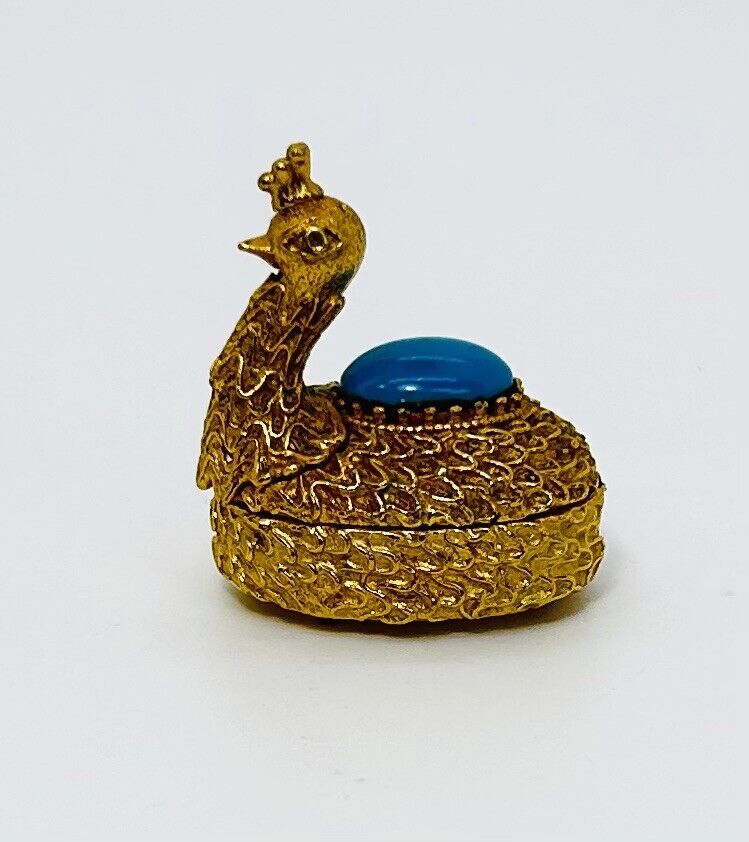 Vintage Florenza Peacock Bird Pill Box Gold tone Turquoise Vanity Decor READ