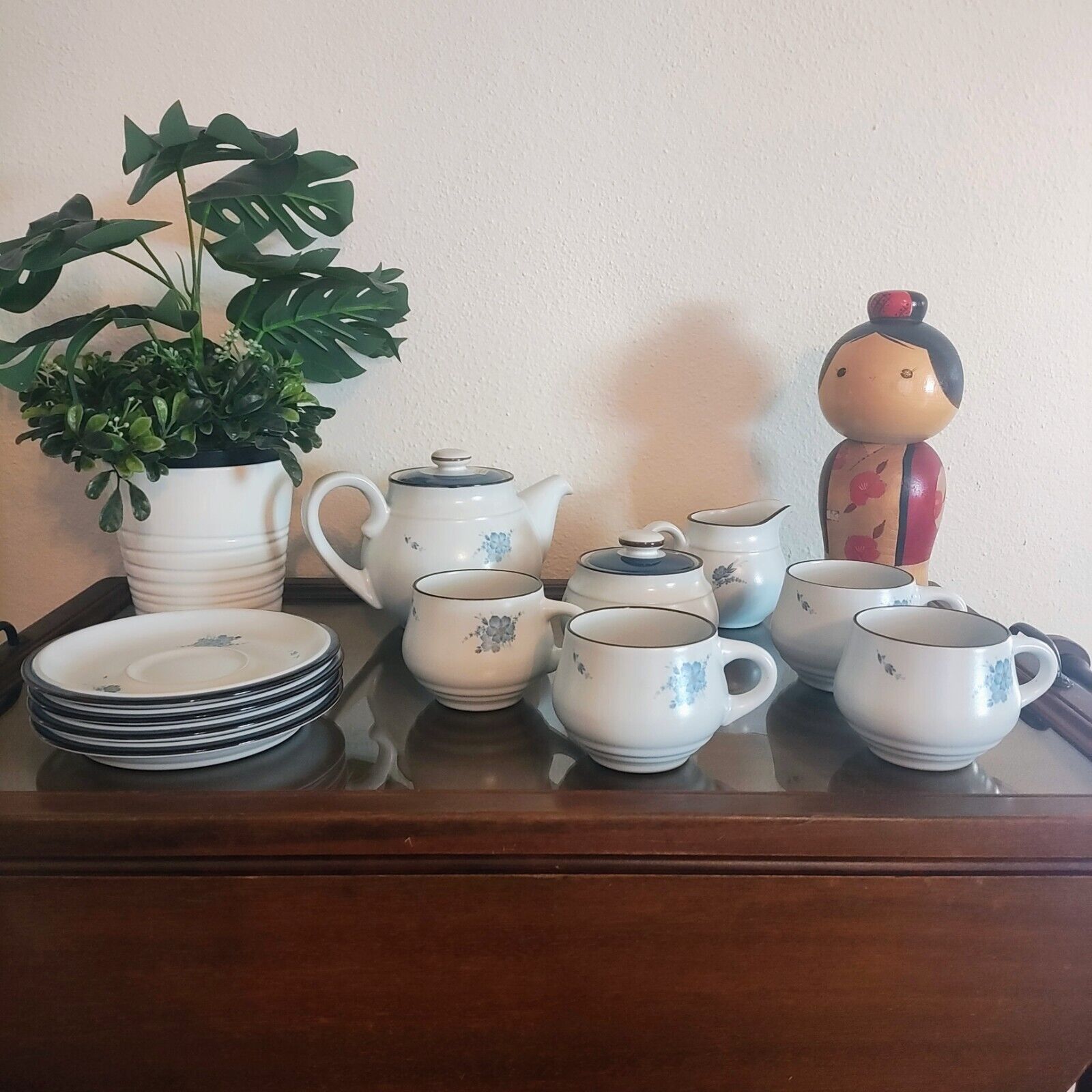 Noritake Rare Vintage Stoneware Tea Set Teacups Saucers Sugar Bowl Tea Kettle
