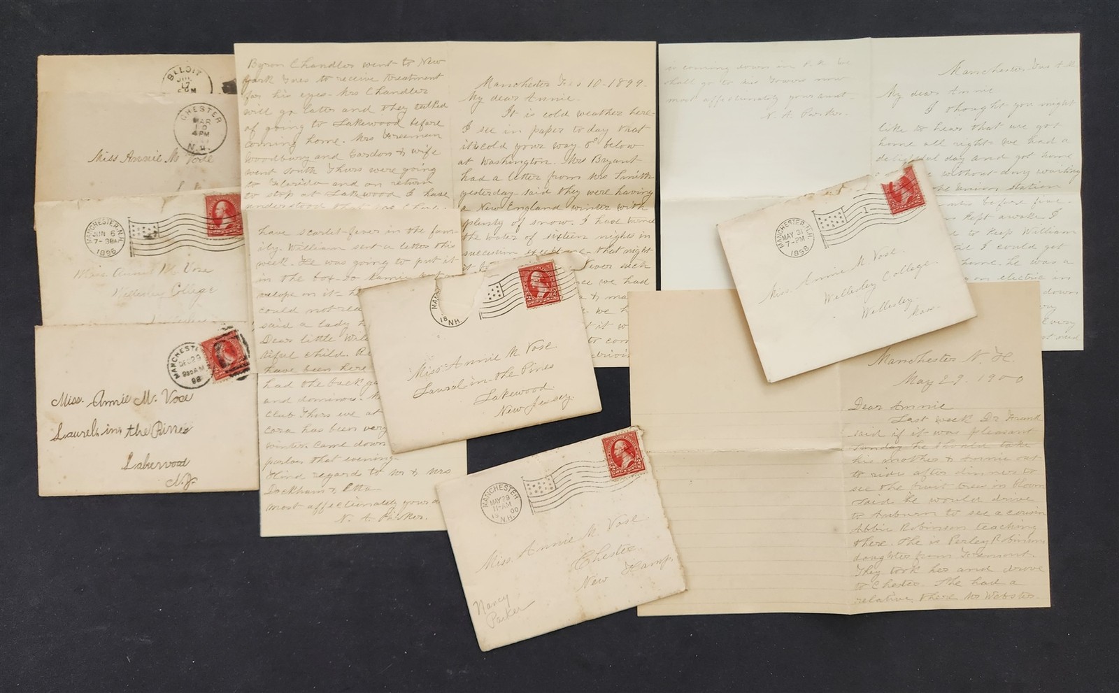 1898 antique 7pc LETTER lakewood nj ANNIE M VOSE handwritten personal lot