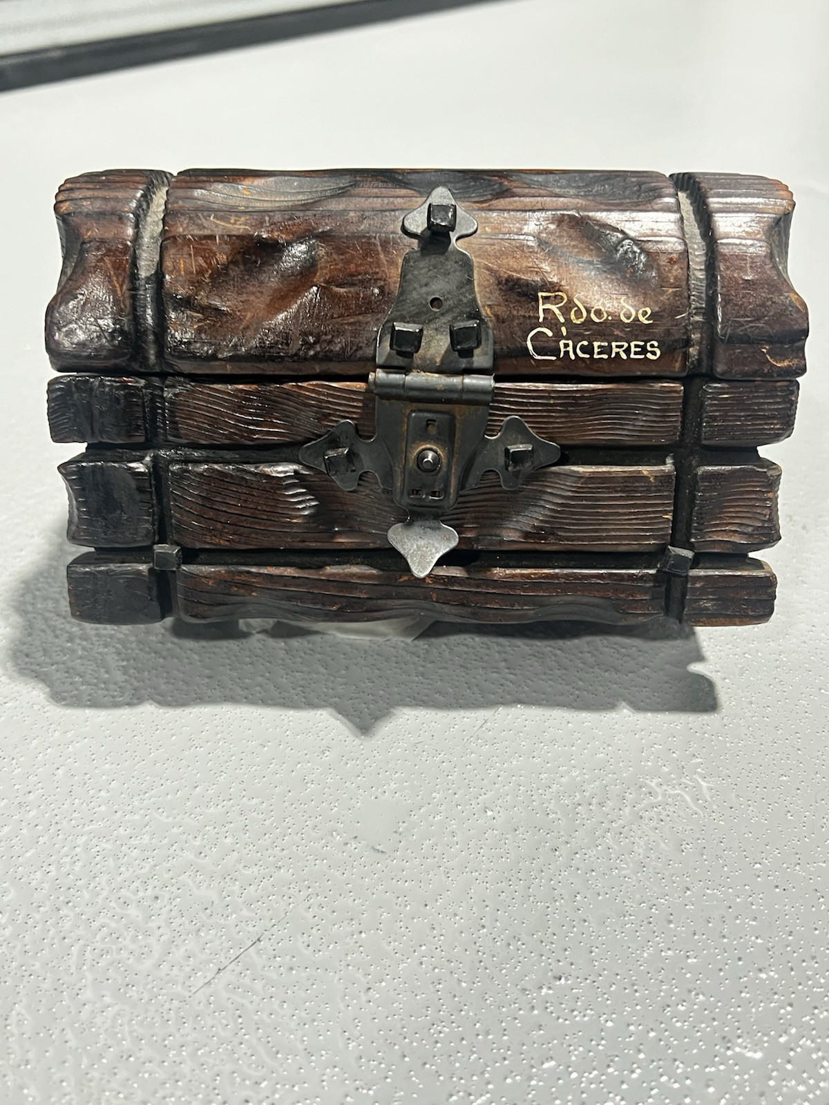 Antique Hand carved Wooden Box With Painted Spanish City Of Caceres Spain