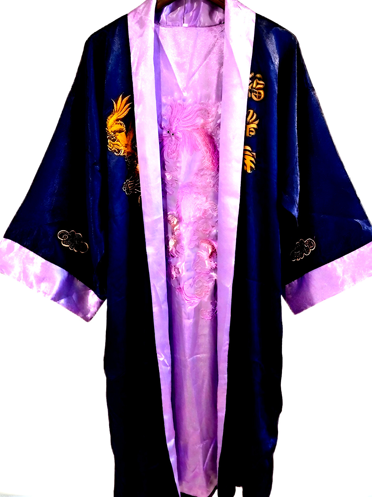 ORIENTAL REVERSIBLE KIMONO ROBE with BEAUTIFUL EMBROIDERY- full length unisex
