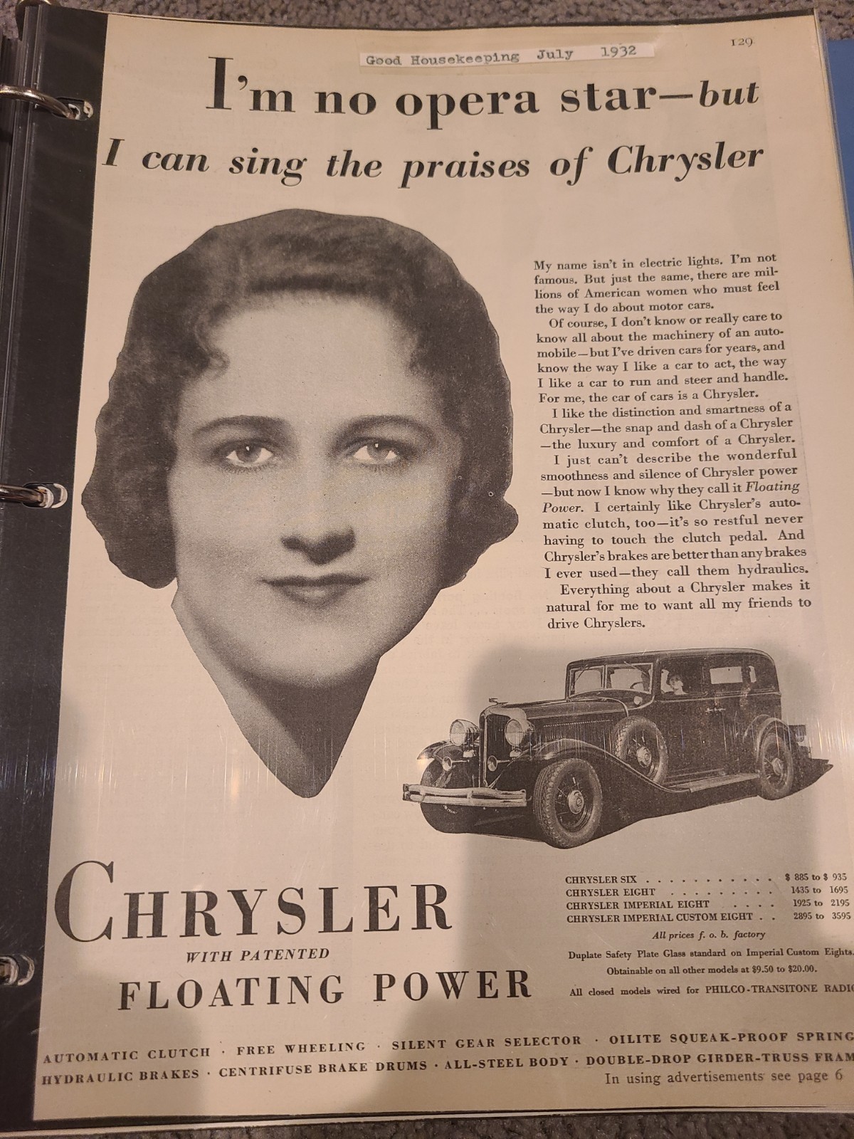 Vintage Original 1932 Chrysler Print AD Chrysler with patented Floating Power Op