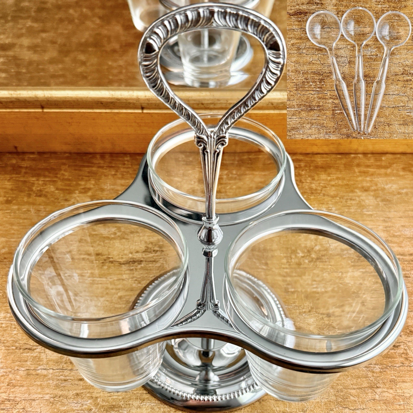VTG Silvertone Buffet Cocktail Bar Garnish Relish Stand Tiered Hollywood Regency