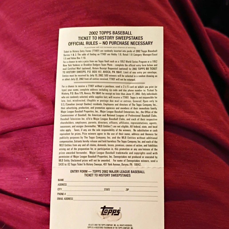 2002 Topps Baseball Ticket to History Sweepstakes 1952 World Series Replica Game
