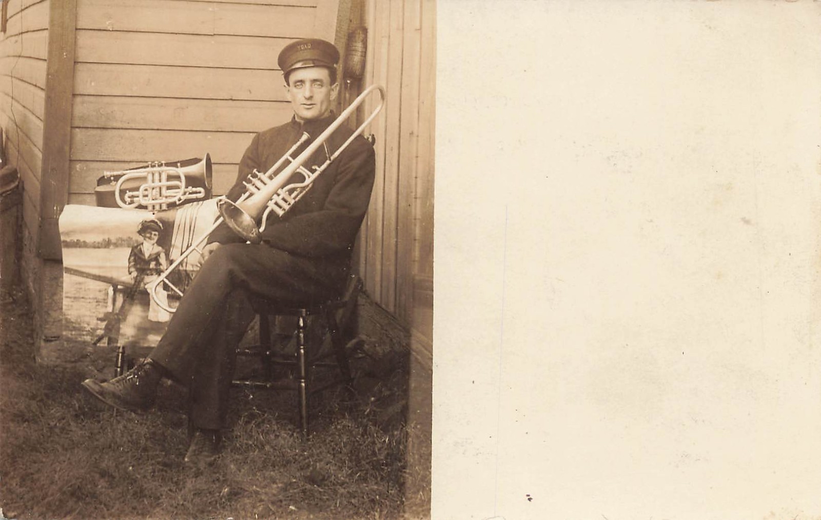 LP03 Band Member Plymouth OH 1912 Musical Trombone Cornet Horn RPPC Postcard