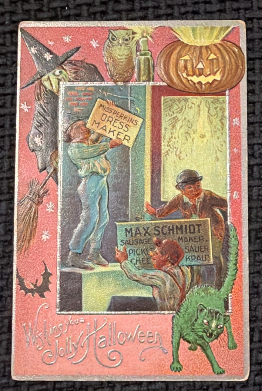 Antique Halloween Postcard Witch Black Cat Owl Bat Jack O Lantern Embossed c1915