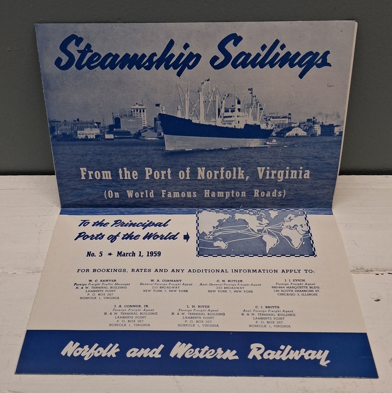 Vintage 1956 Norfolk & Western Steamship Sailings Port of Norfolk Fold Brochure