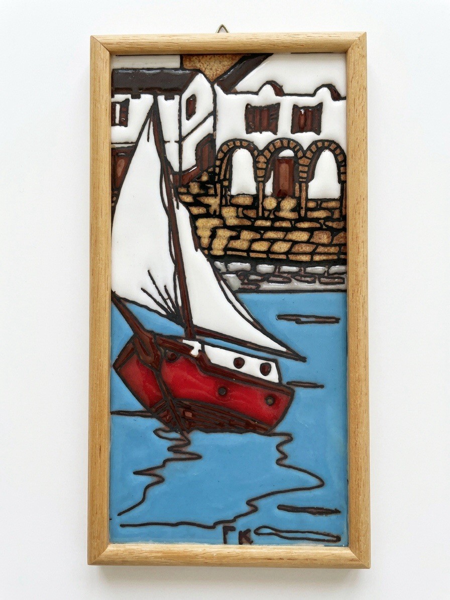 VTG Greek Island Ceramic Art Tile Sailboat Angelos Tsakirakis Framed 4.5