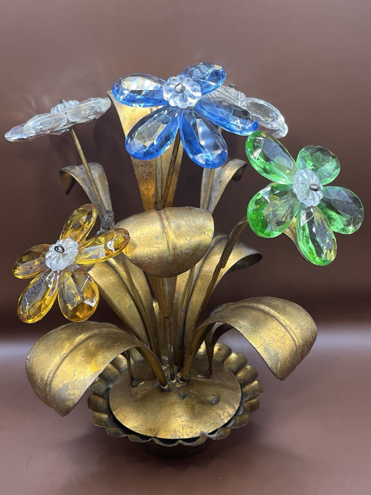 Vintage Florentia Italy Gilt Metal Flower Prisms, Acrylic Glass Floral Decor  