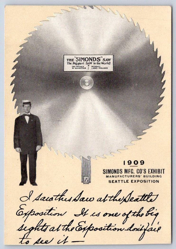 Antique Simonds Mfg Biggest Saw in the World Exhibit 1909 RPPC