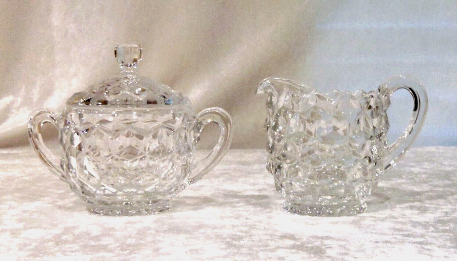 VTG Fostoria American Cubist Creamer Lidded Sugar Bowl Set Clear Glass Heavy