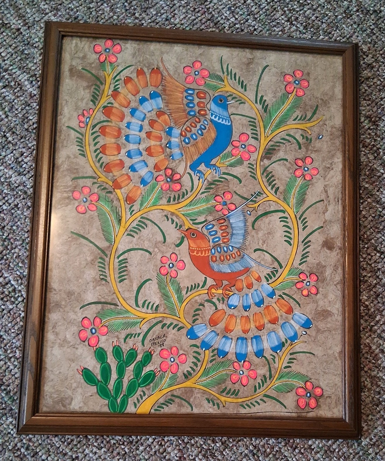 Vtg Amate Bark Painting Mexico Folk Art Mythical 2 Birds Oaxaca 1988 Framed 