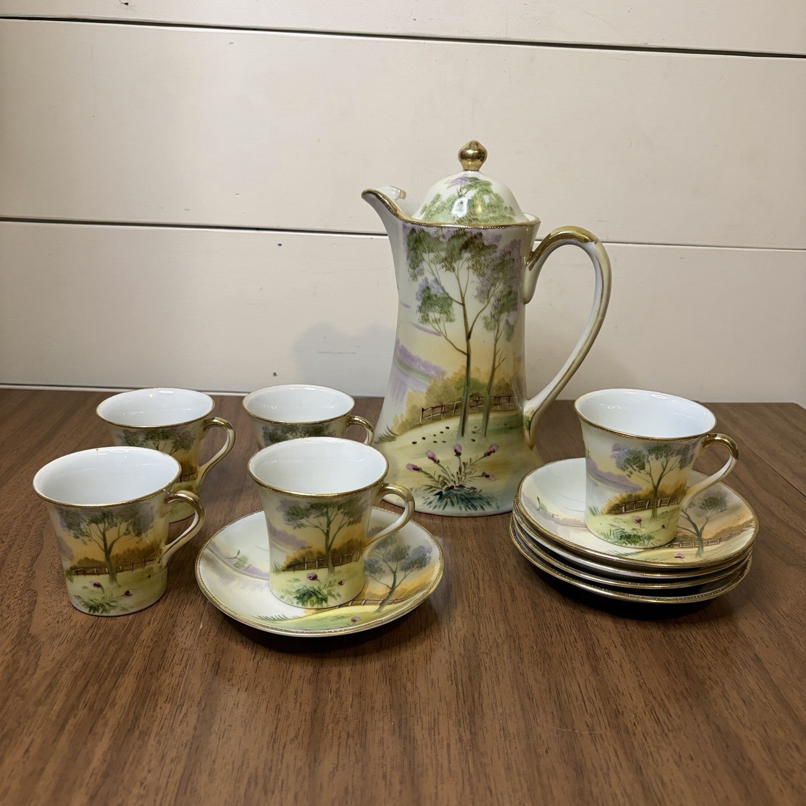 Antique Hand Painted Porcelain Chocolate Pot Set 11 Pc Landscape Gold Gilt