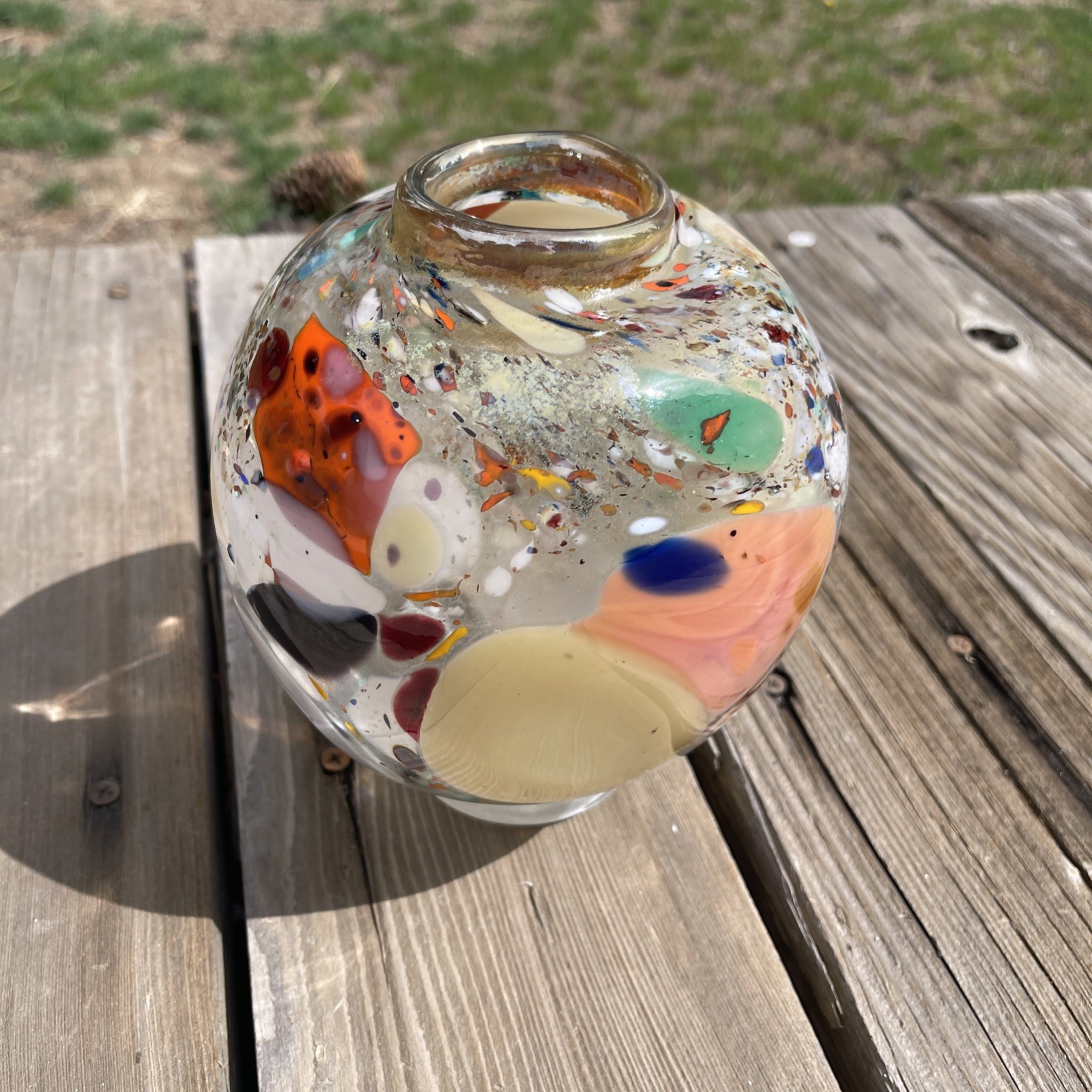 LUCY CHAMBERLAIN Blown Studio Art Glass Vase Multicolor Gold SIGNED 7.5” Tall LUCY CHAMBERLAIN Blown Studio Art Glass Vase Multicolor Gold SIGNED 7.5” Tall