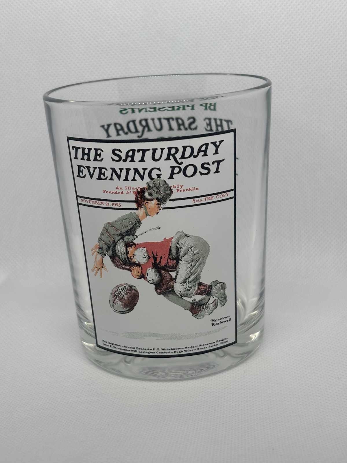 Vtg Norman Rockwell Glass Saturday Evening Post Tackled 1925 Football Tumbler