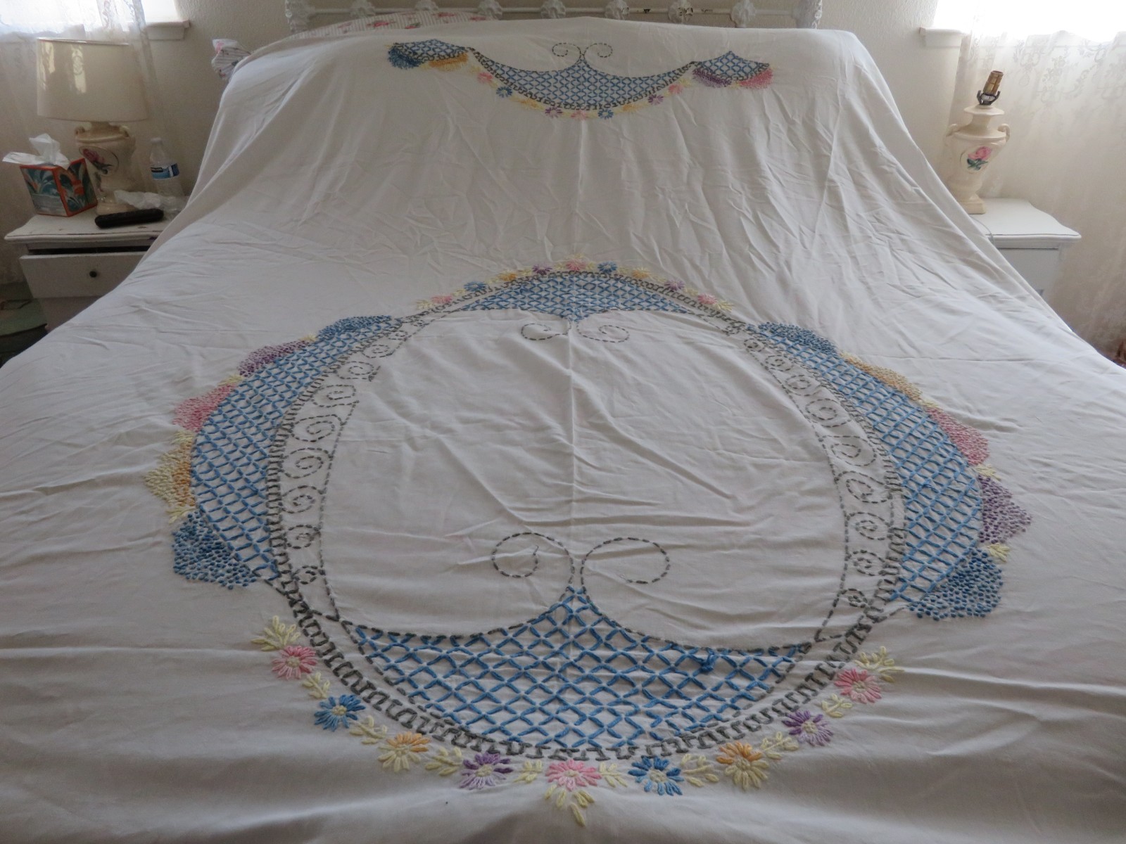 So Romantic Vintage Embroidered Bedspread Handmade Florals on Wht Gorgeous Piece So Romantic Vintage Embroidered Bedspread Handmade Florals on Wht Gorgeous Piece