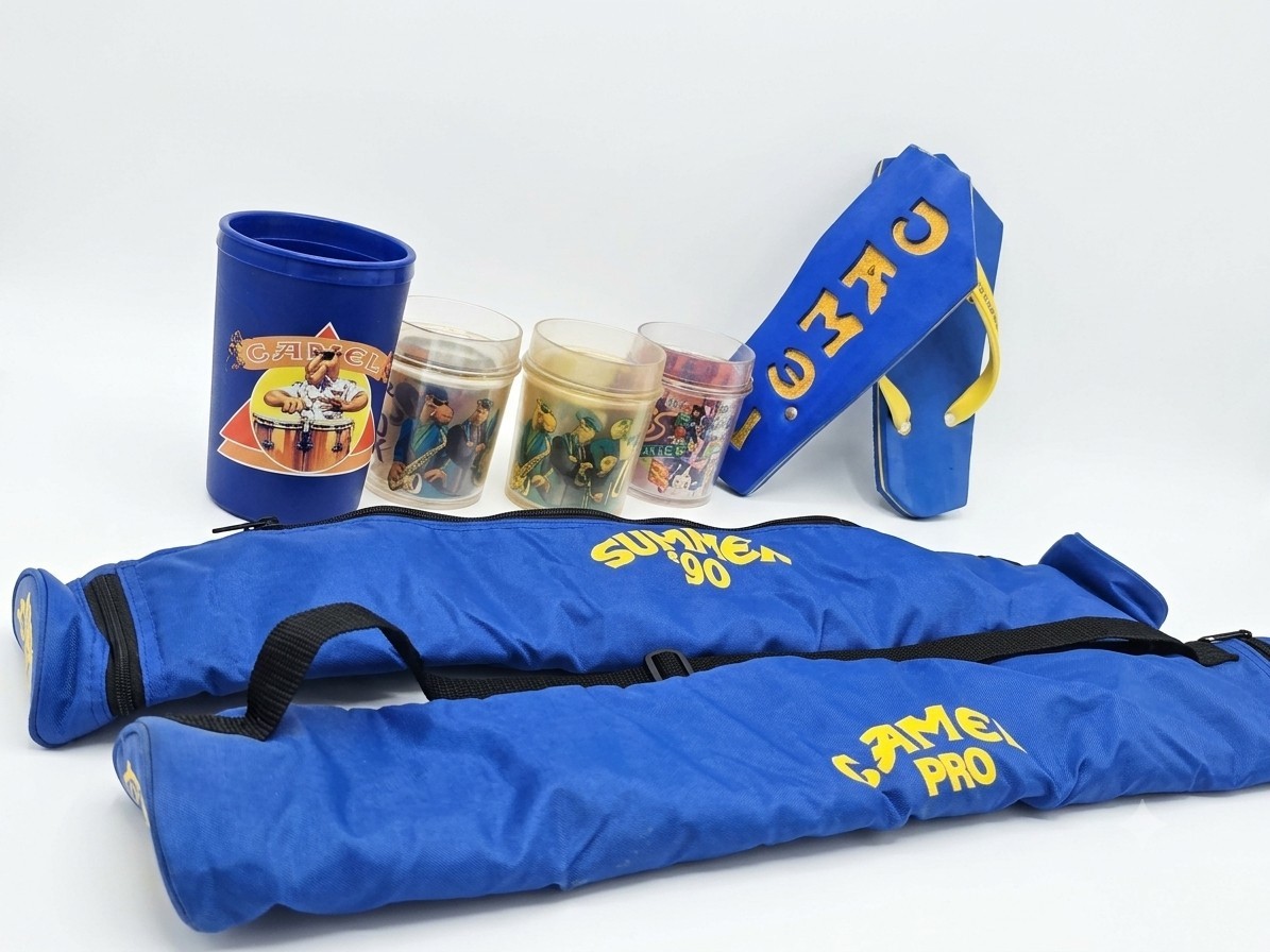 Vintage Lot Of Joe Camel Collectibles Can  Coolers Tube Slings Flip FlopTumblers