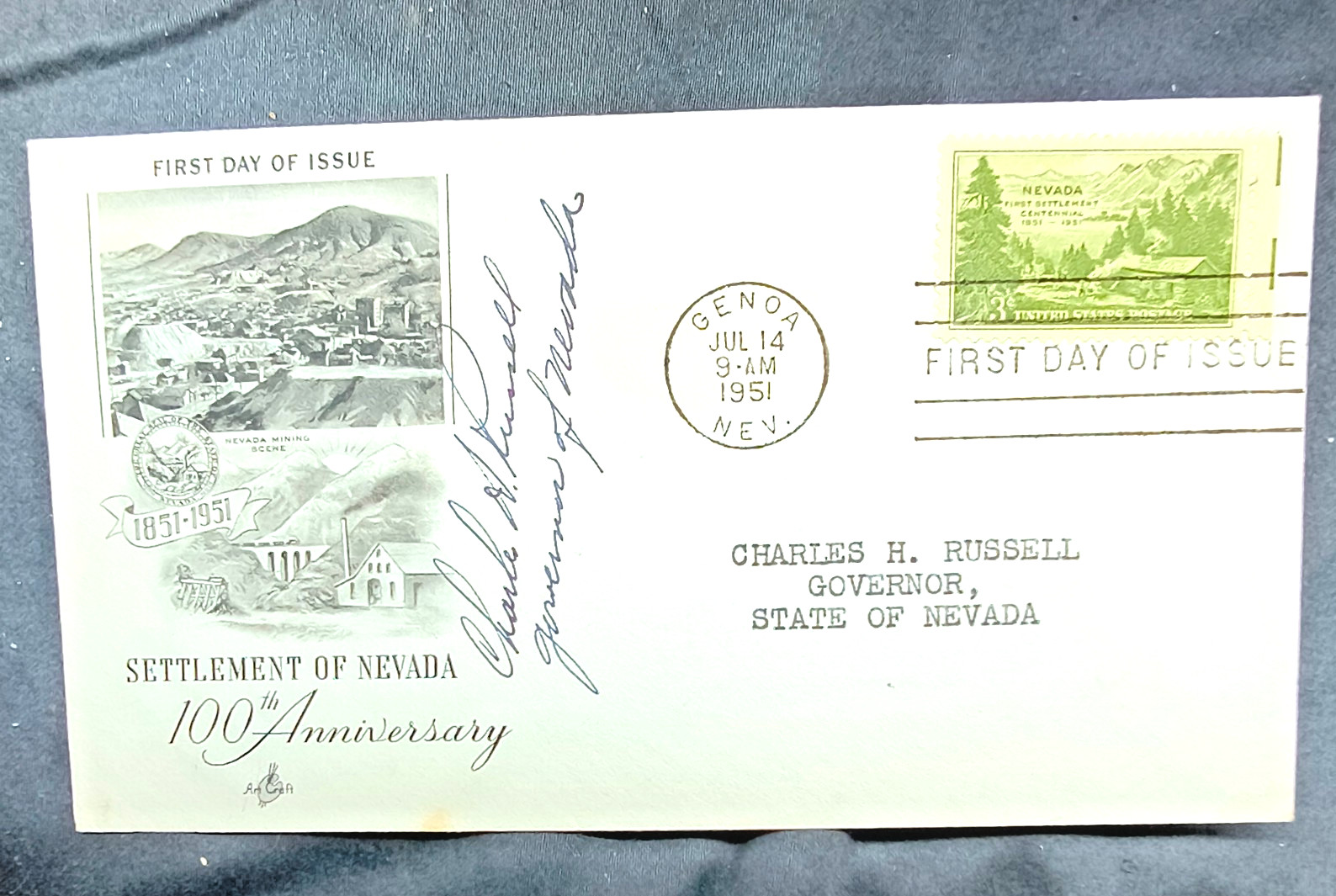 1951 Settlement of Nevada Centennial FDC Signed Governor Charles H Russell