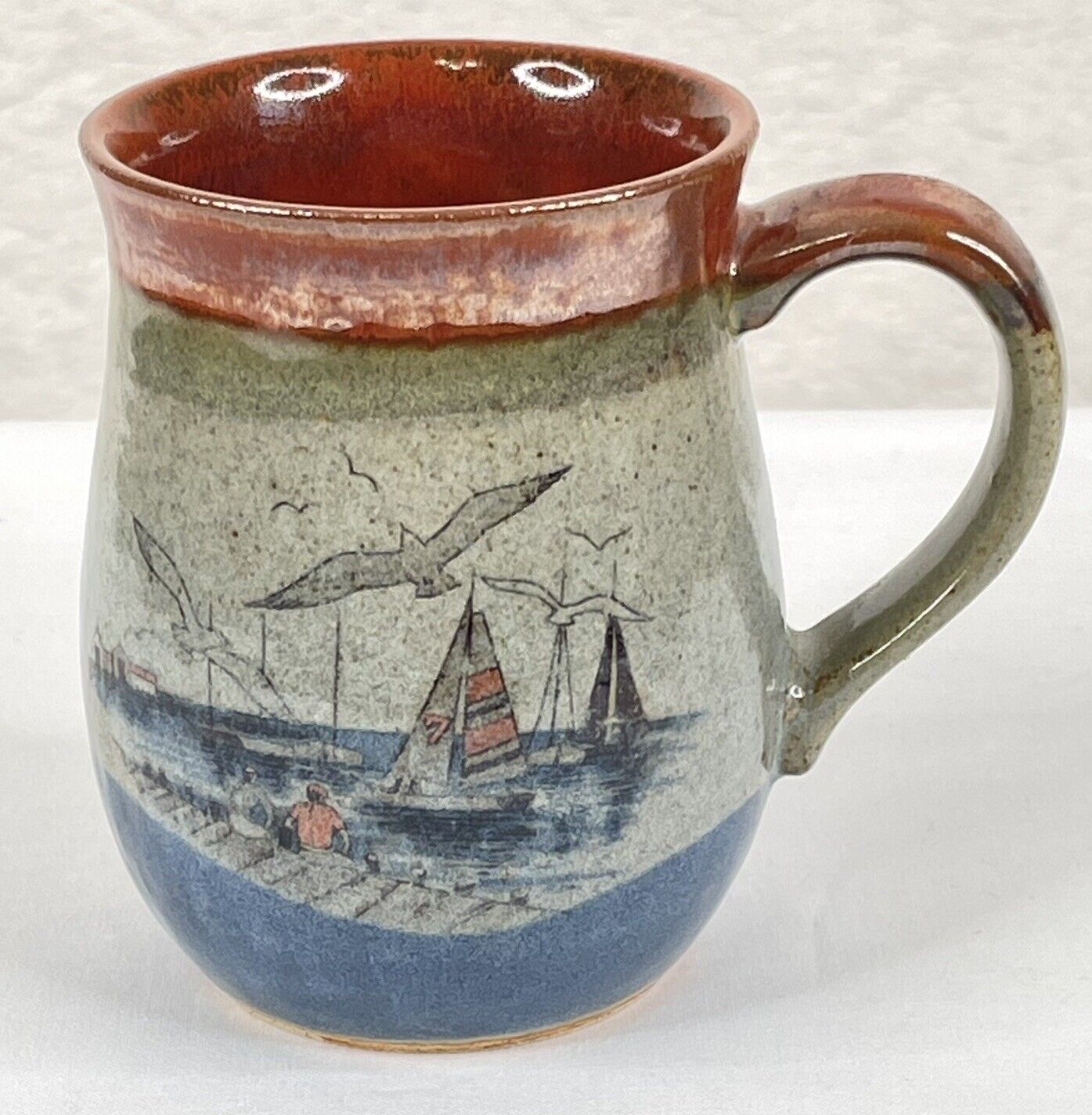 Otagiri Sailboat & Seagulls Ocean Blue Stoneware Coffee Mug Japan Handcrafted