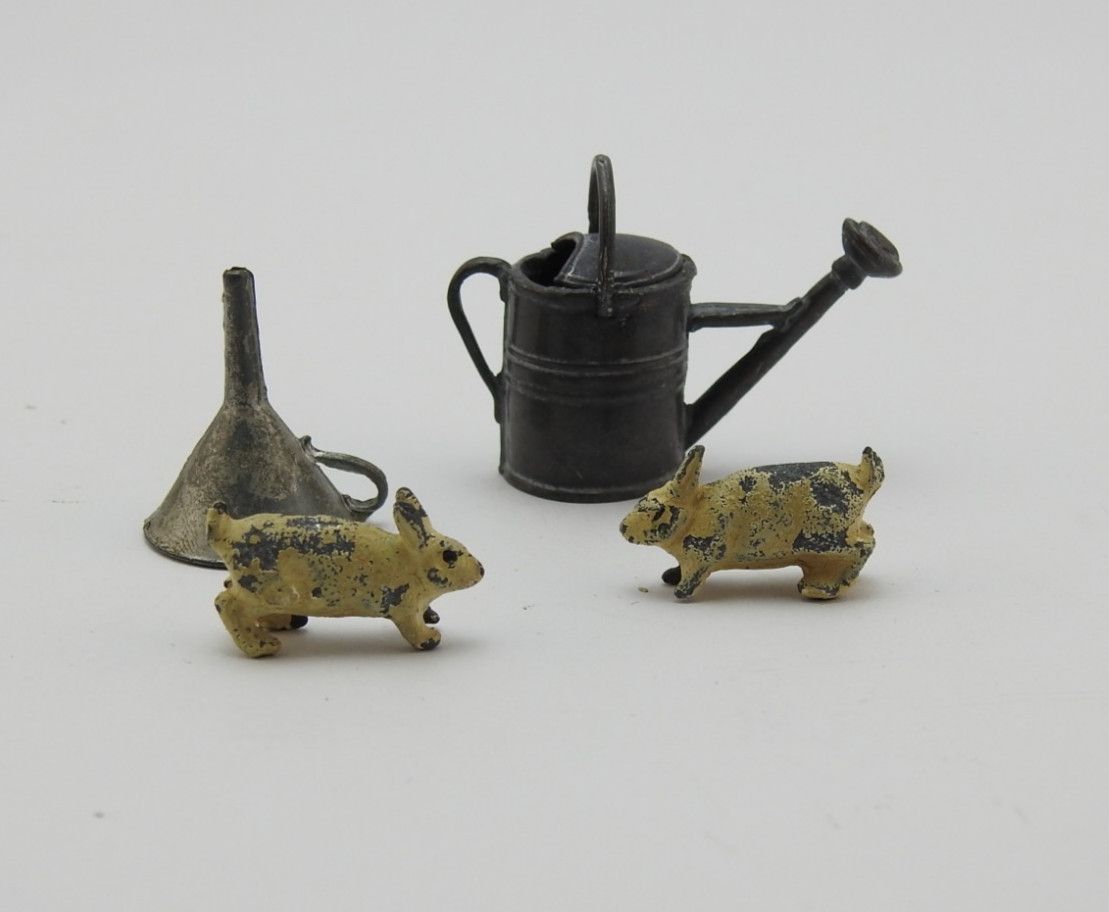 Vintage Metal Dollhouse Miniatures Lot Rabbit Watering Can Funnel Garden Access