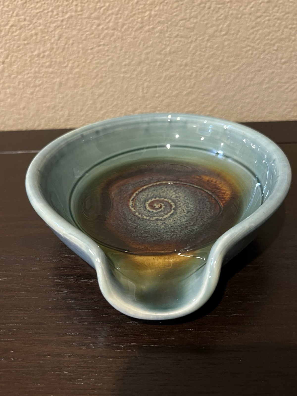 Beautiful Art Pottery Spoon Rest Blue Glazed Swirls 