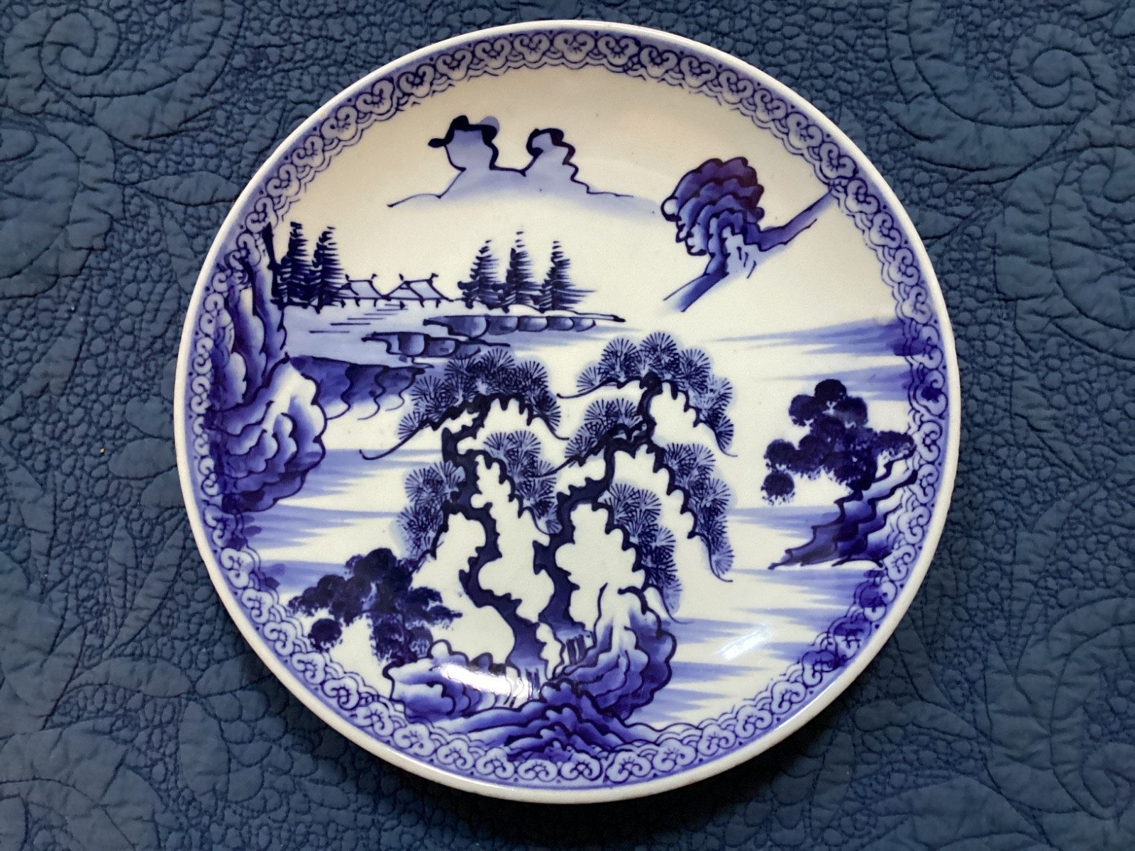 Vintage blue and white Japanese scenery plate