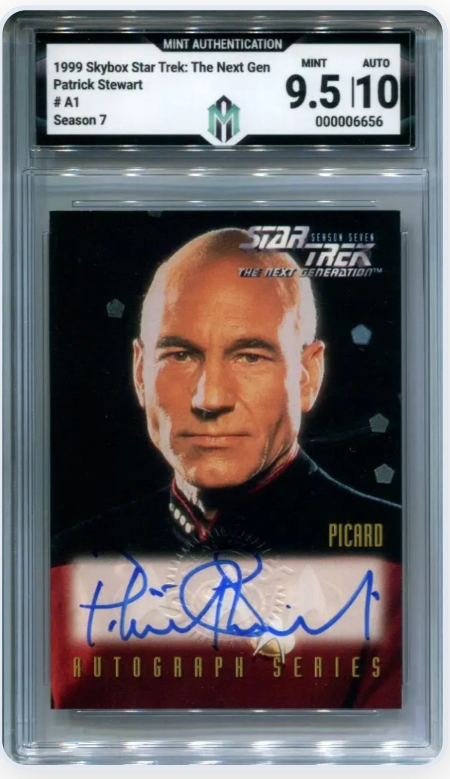 MINT+ 9.5 1999 SKYBOX STAR TREK PATRICK STEWART TNG AUTO AUTOGRAPH #A1 MINT+ 9.5 1999 SKYBOX STAR TREK PATRICK STEWART TNG AUTO AUTOGRAPH #A1