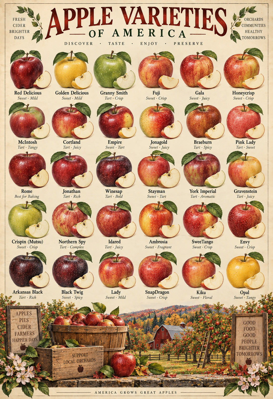Apple Varieties of America Vintage Botanical Fruit Identification Poster 13x19