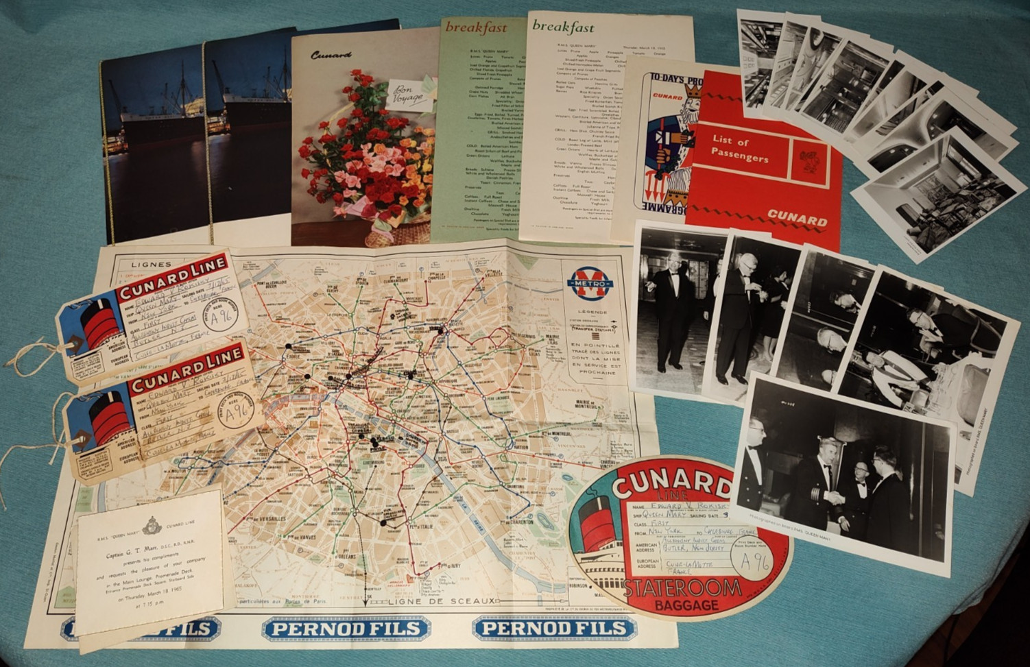 Cunard Line Queen Mary Cruise Package 1st Class Pass Photos Map Menus Guest List