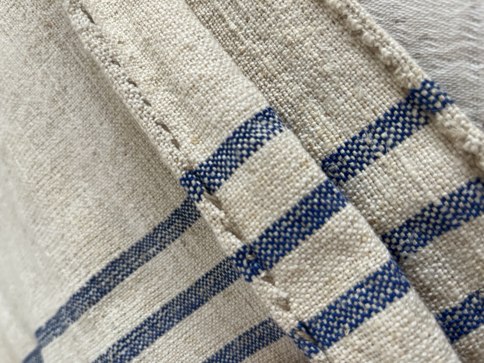 Antique European Grain Sack Blue Stripes Nubby Fabric Linen & Cotton Hand Sewn