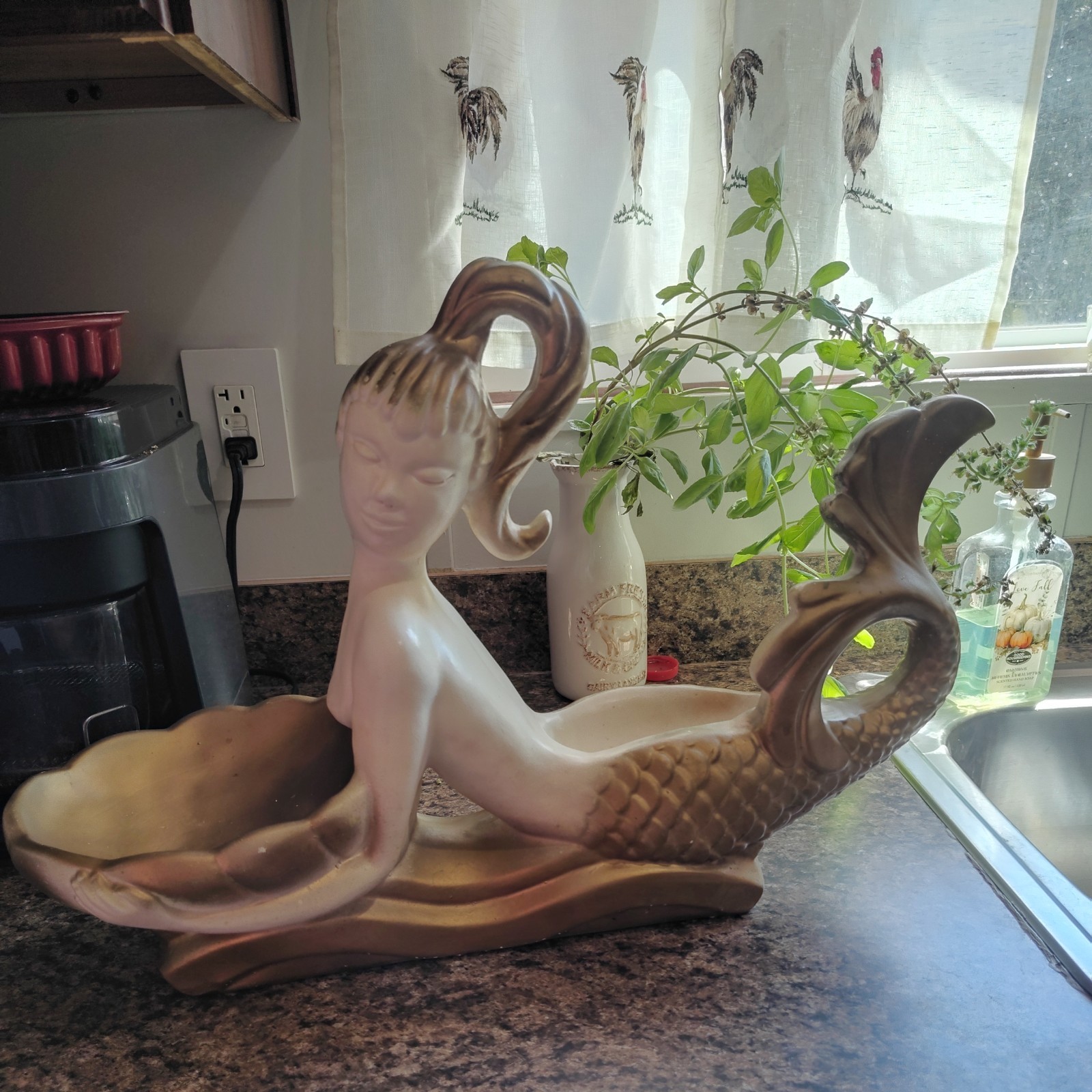 Royal Haeger Gold & White Mermaid MCM Ceramic 23” Centerpiece Planter