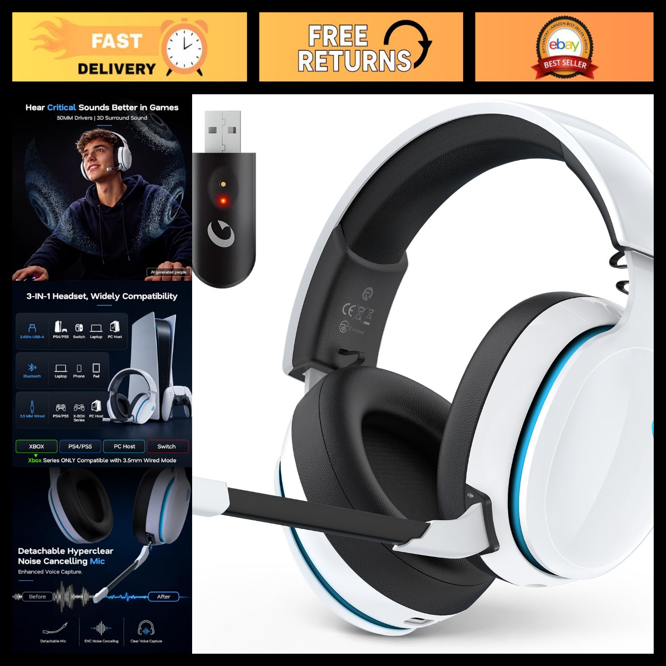AOC 2.4GHz Wireless Gaming Headset for PS5, PS4, PC, Switch, 45Hr, White