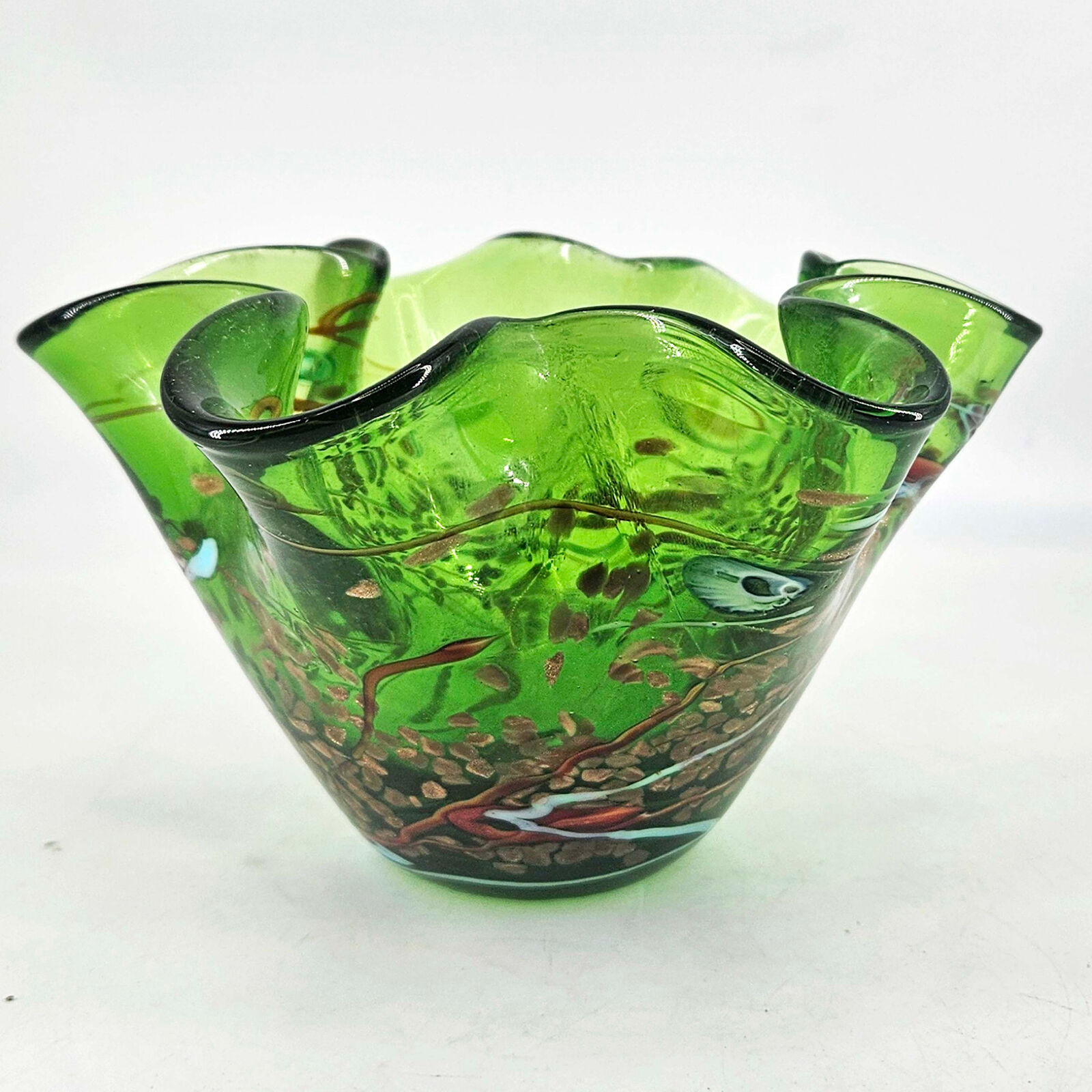 Vintage Abstract Art Murrini Krosno Hand Blown Green Glass Bowl dish Vase