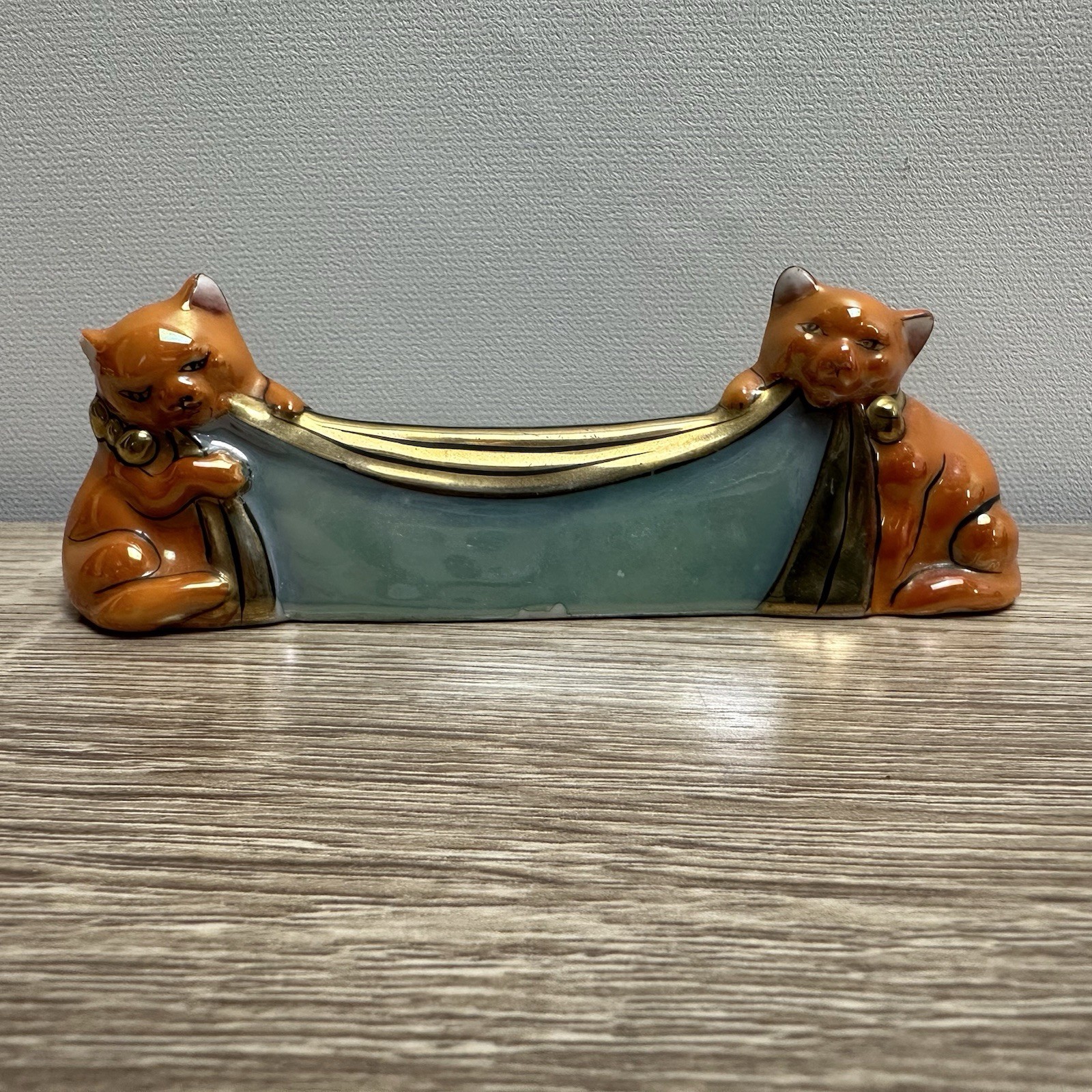 Vintage Lusterware Ceramic Cats Blanket Trough Planter Pen Holder Japan Orange