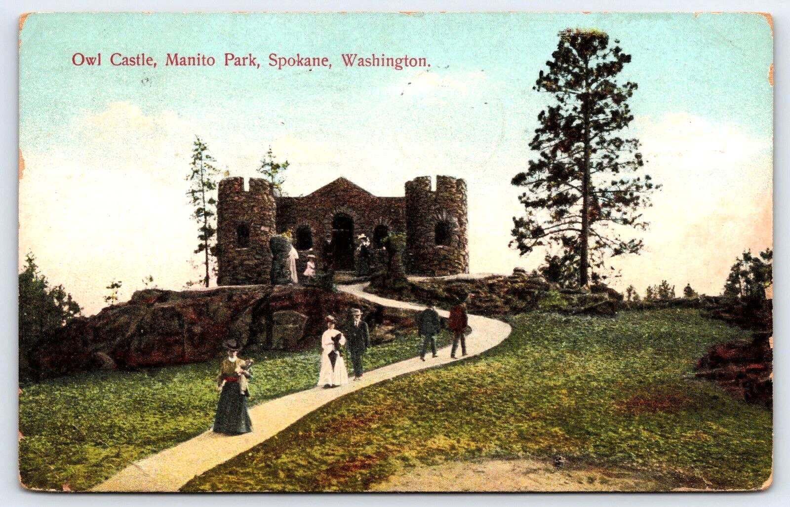 Original Old Vintage Antique Postcard Owl Castle Manito Park Spokane, WA 1909