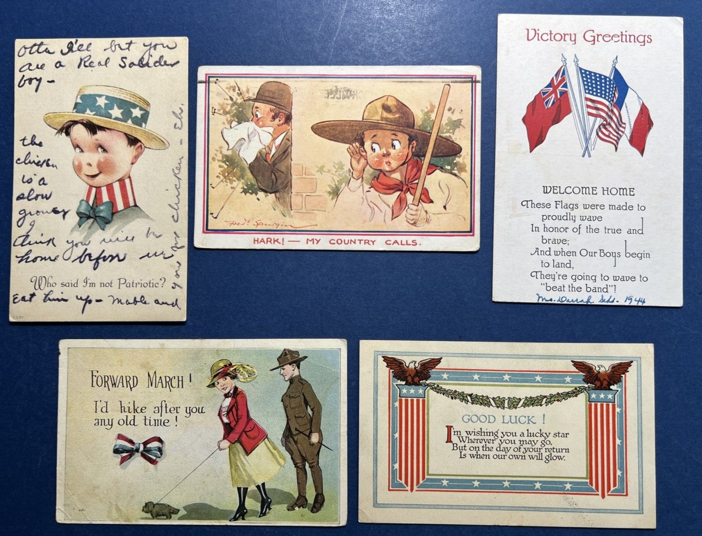 5 WW I Mixture Antique Patriotic Postcards. Humor, Flags, Pretty Lady, Soldier