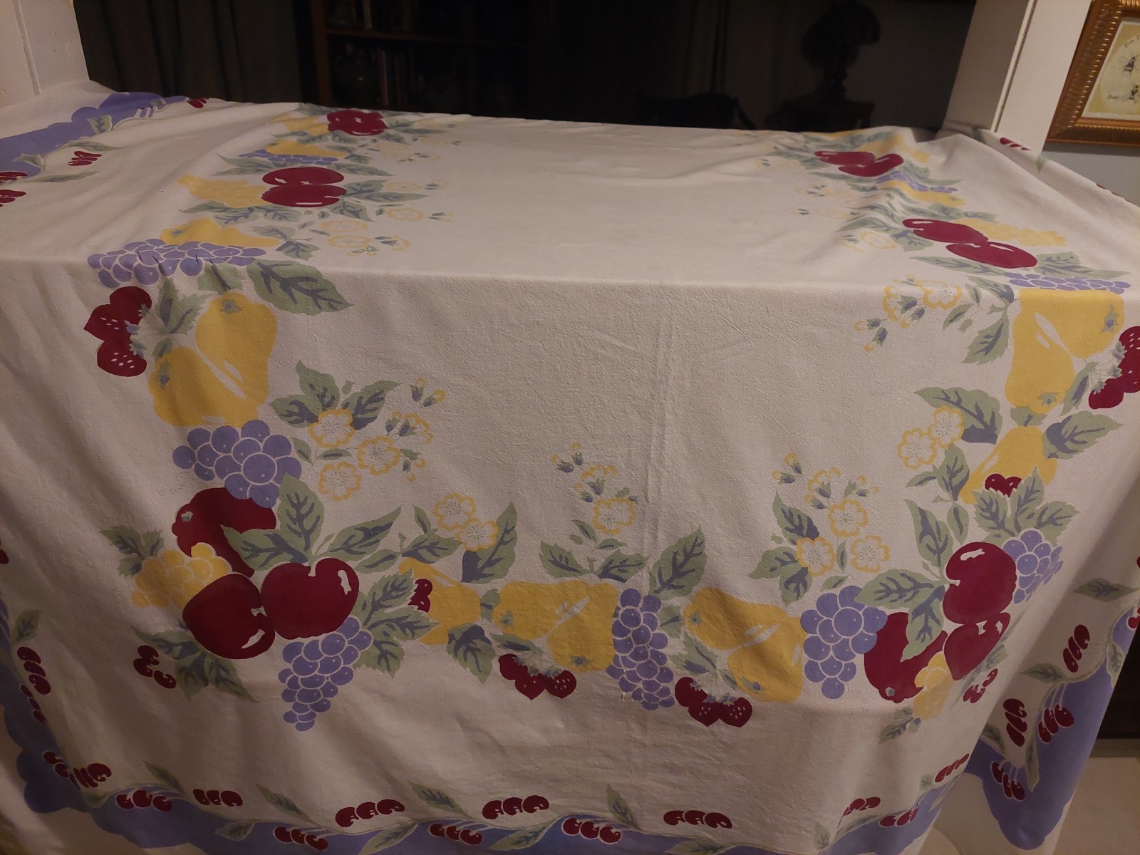 VTG 1950\'S Colorful Fruit Theme Cotton Tablecloth Plums ,Cherries Pears 58x80