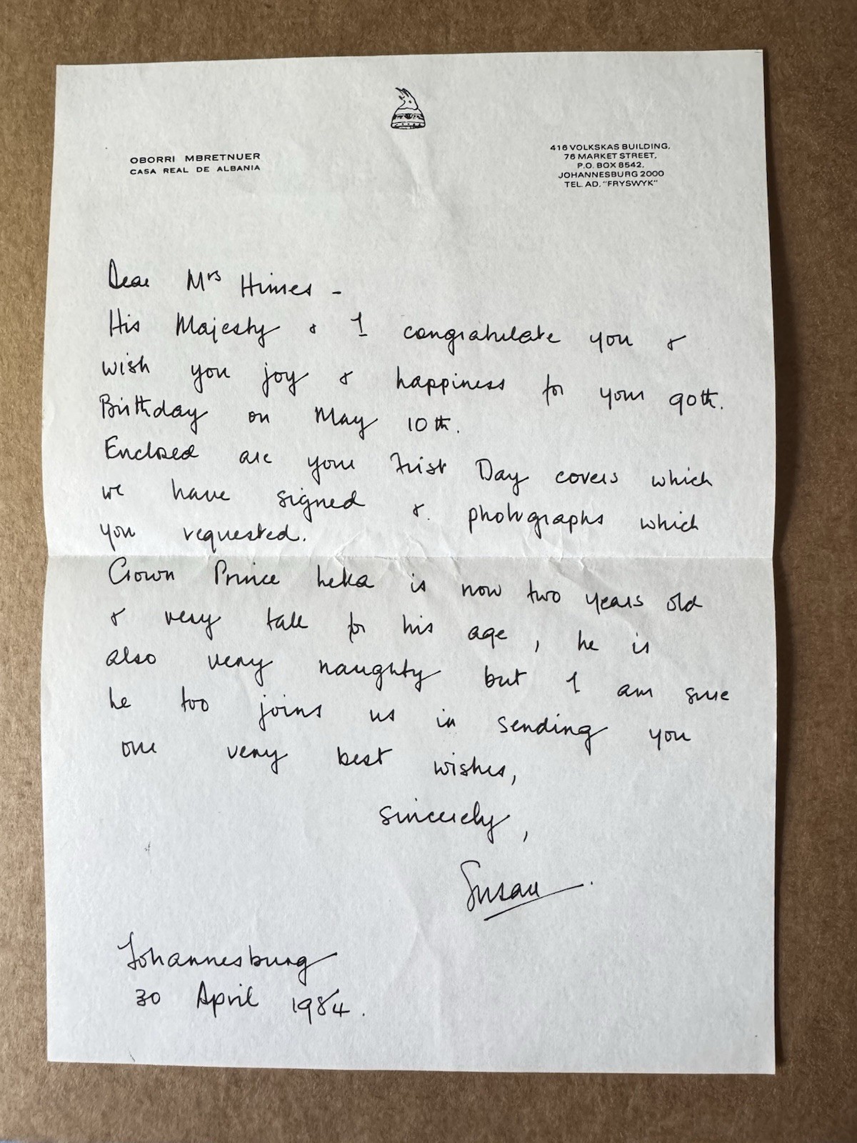 1984 Royal Family Autographed Letter  +Crown Princess Susan of Albania +Rare