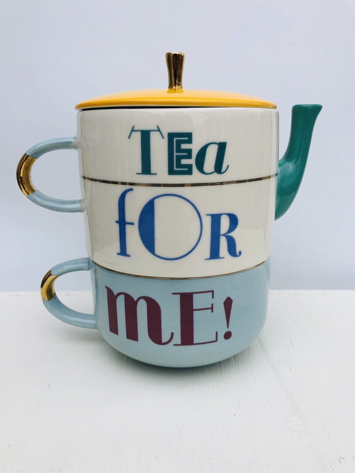 Retro Anthropologie Tea For Me One Stackable 16oz Teapot w/ Cup Set Gold Trim