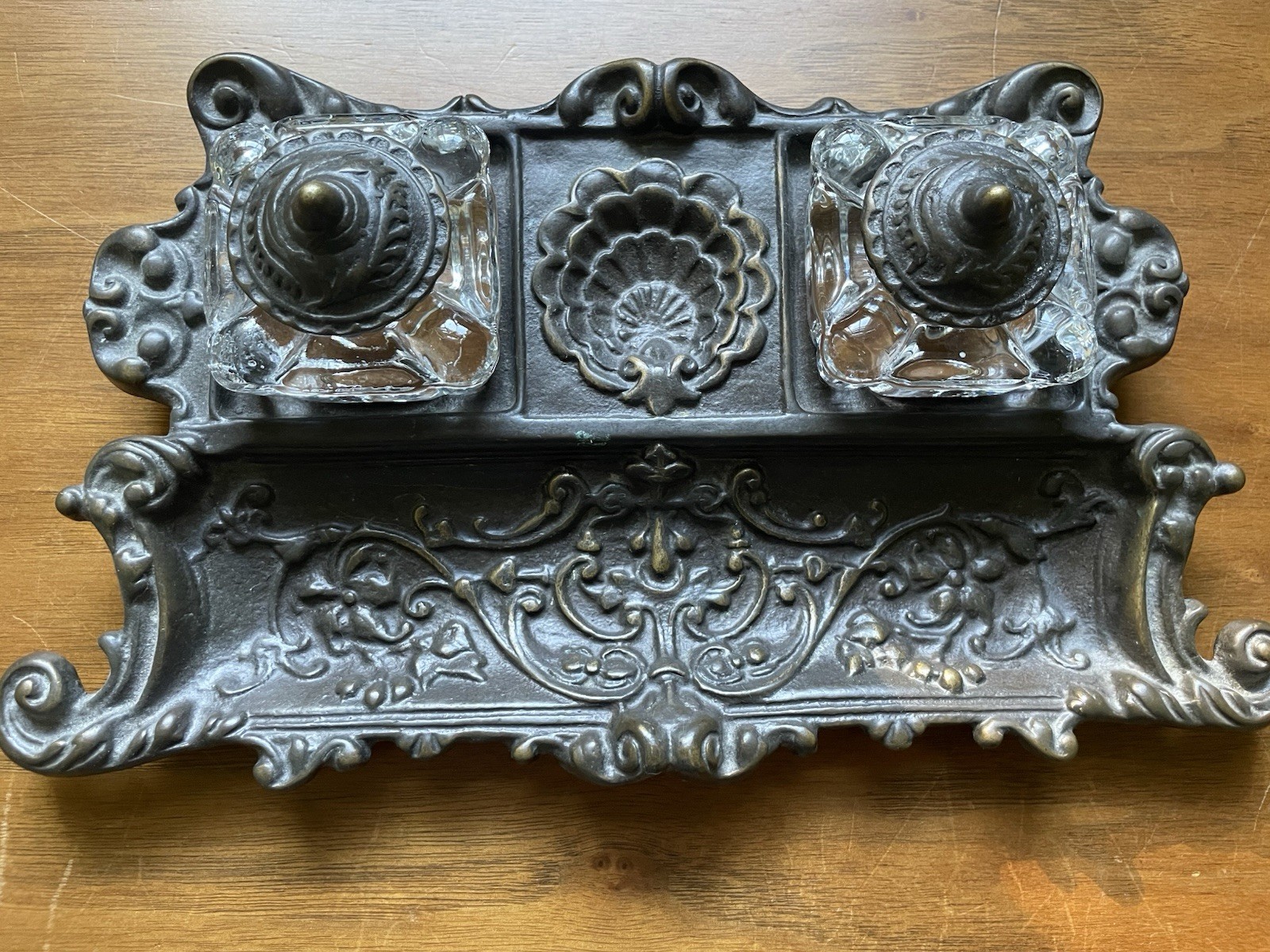 Vintage Antique Art Nouveau Brass Double Inkwell Pen Tray Faux Bronze  10”x6”