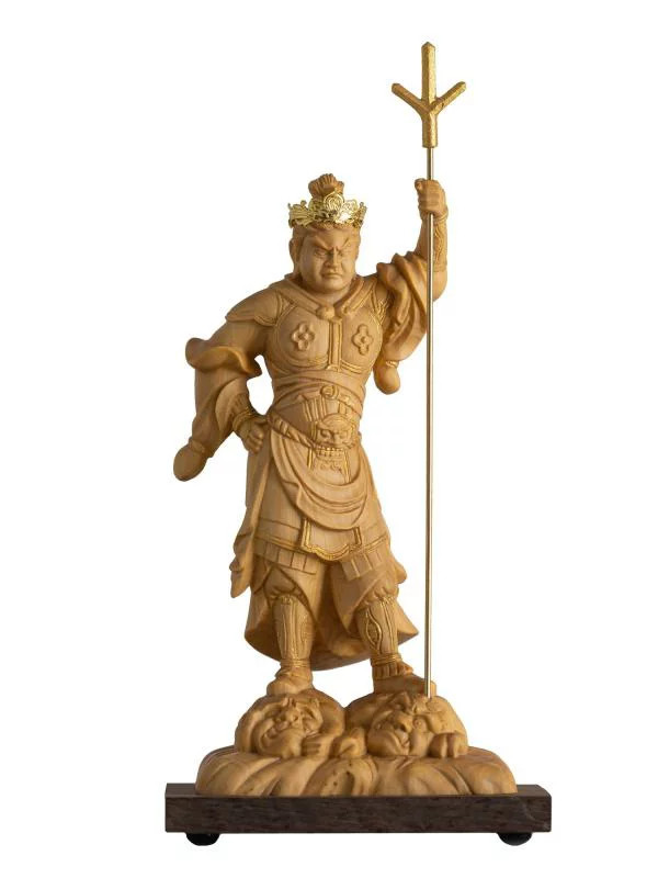 Miniature Buddha, Doroashi Bishamonten, 13cm  wooden  boxwood, gold paint finish