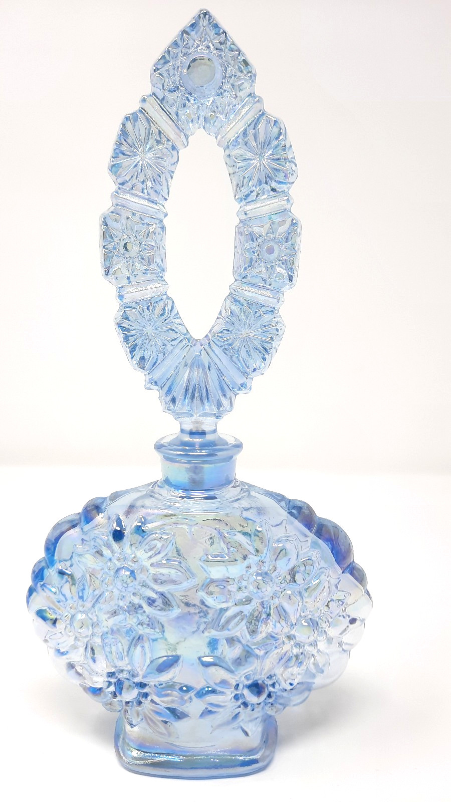 FENTON Blue Iridescent Glass Perfume Bottle w/ Stopper and Label 8\