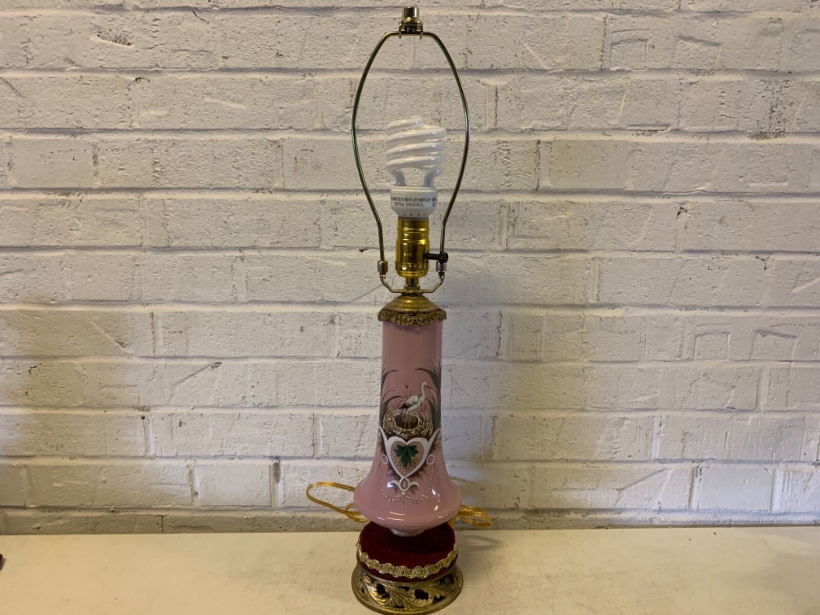 Antique Bristol Pink Glass Lamp with Swan Enamel Decorations