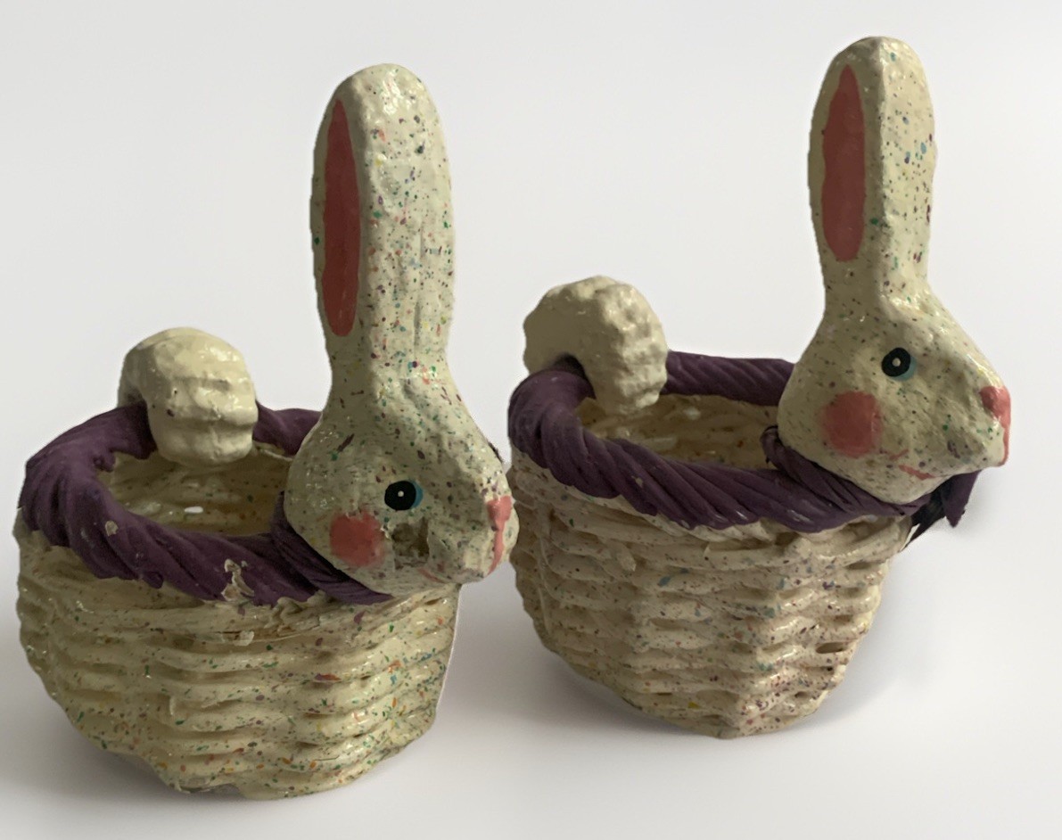 2 VTG Midwest of Cannon Falls Easter Bunny Rabbit Basket Egg Holder Papier-mâché