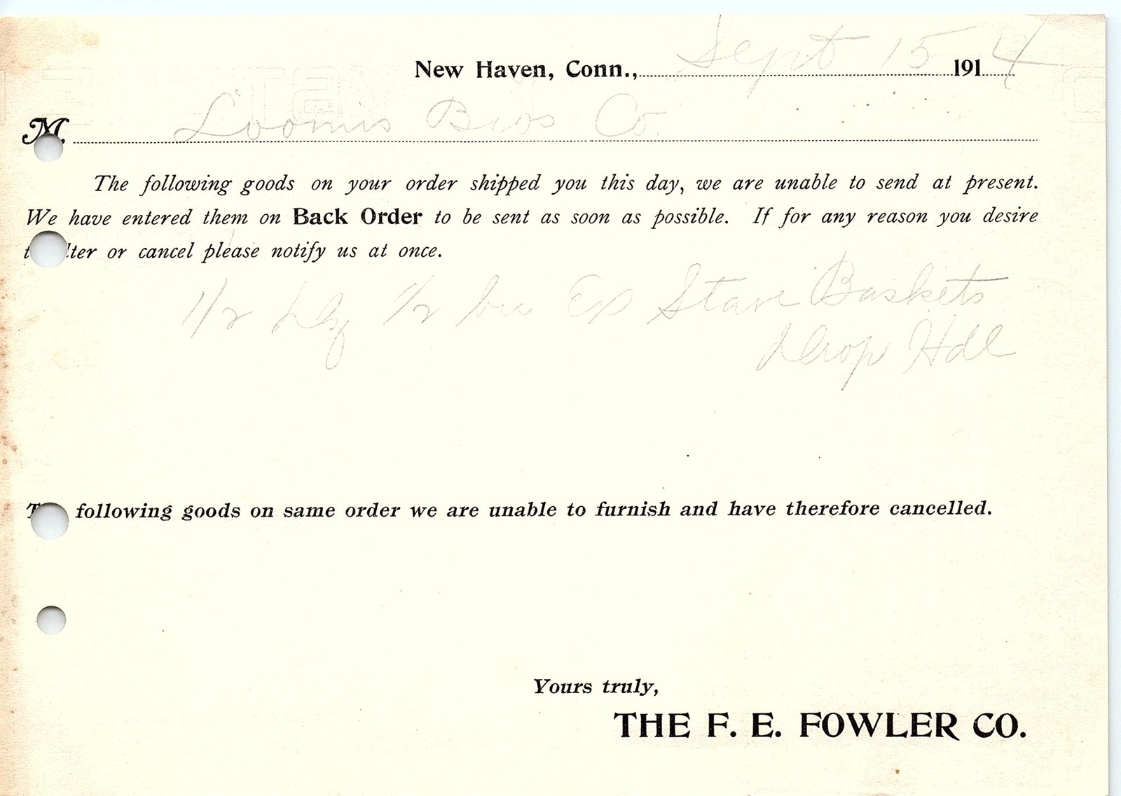 1910s F. E. Fowler Co. New Haven backorder billhead