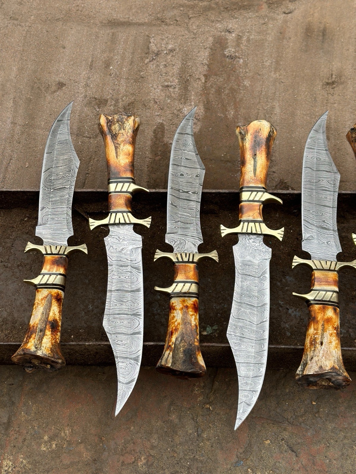 5 BEAUTIFUL CUSTOM HAND MADE DAMASCUS STEEL HUNTING BOWIE KNIVES CAMEL BONE