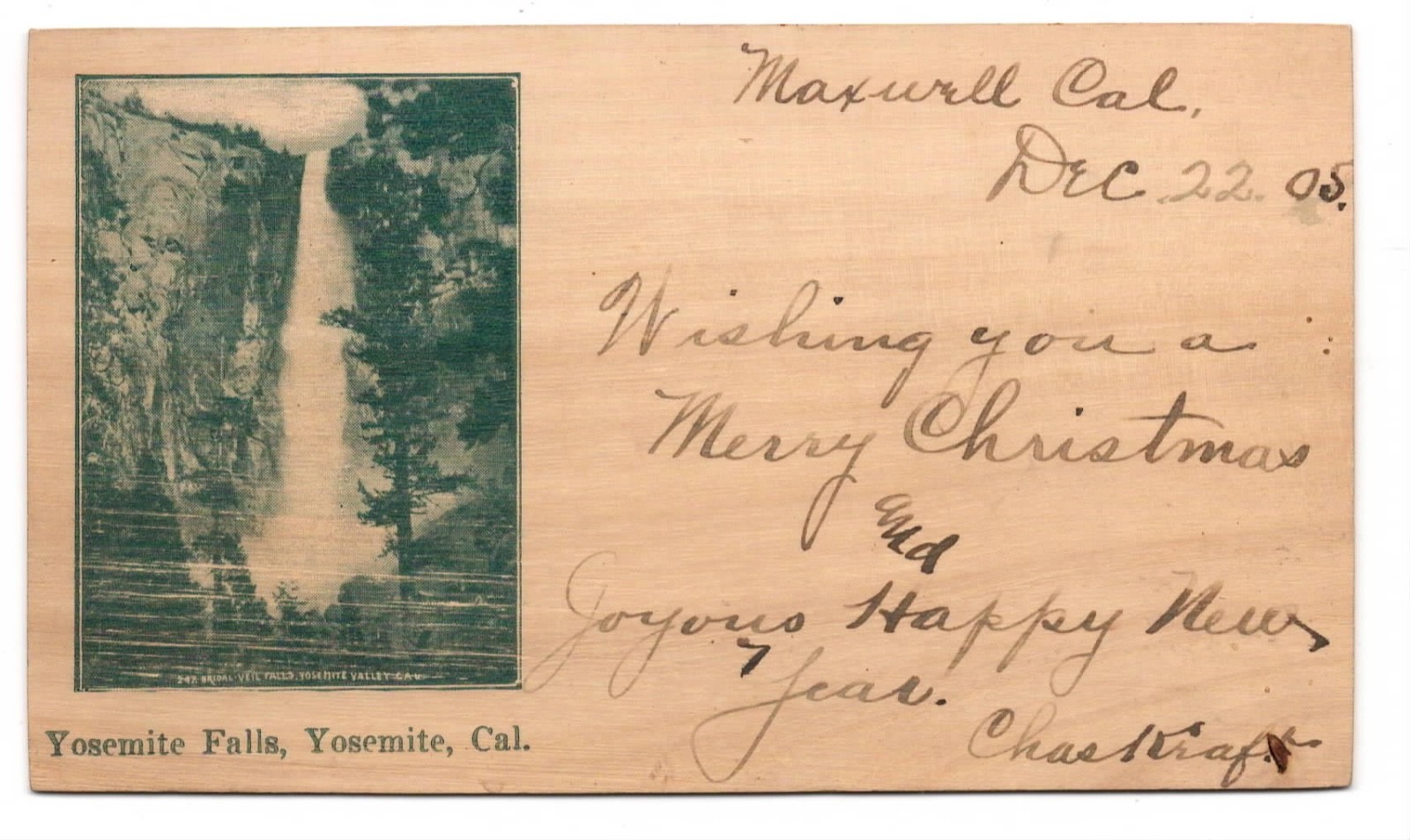 Unusual 1905 Wooden Souvenir Postcard with View of Yosemite Falls