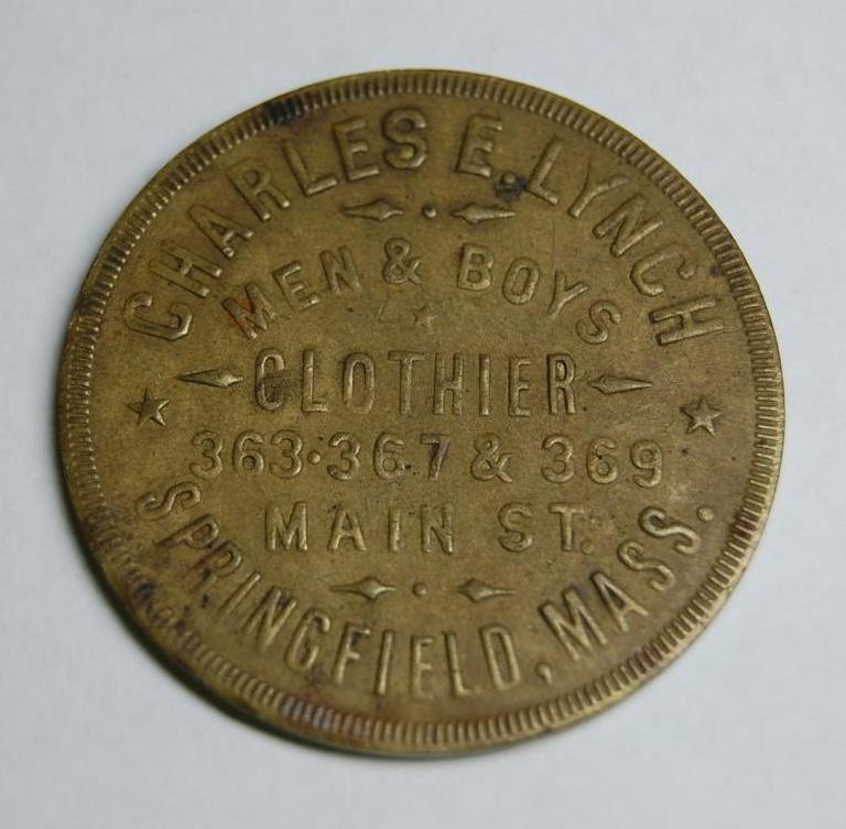 RARE SPRINGFIELD MA. GOOD FOR TRADE TOKEN CHARLES E. LYNCH CLOTHIER 50 CENTS