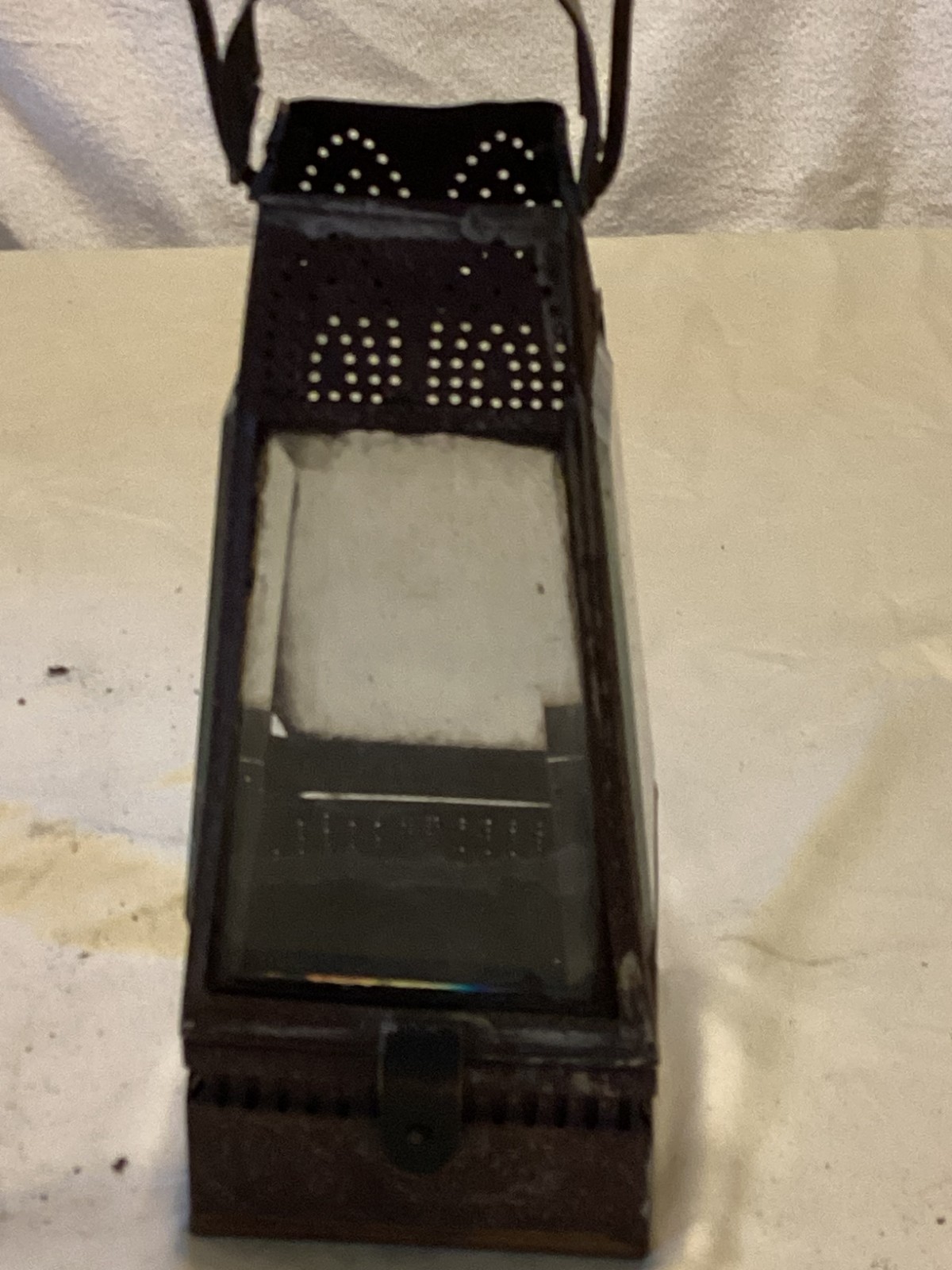 Antique Rectangular Metal Lantern Beveled Glass Pierced Top Primitive Hand Lante