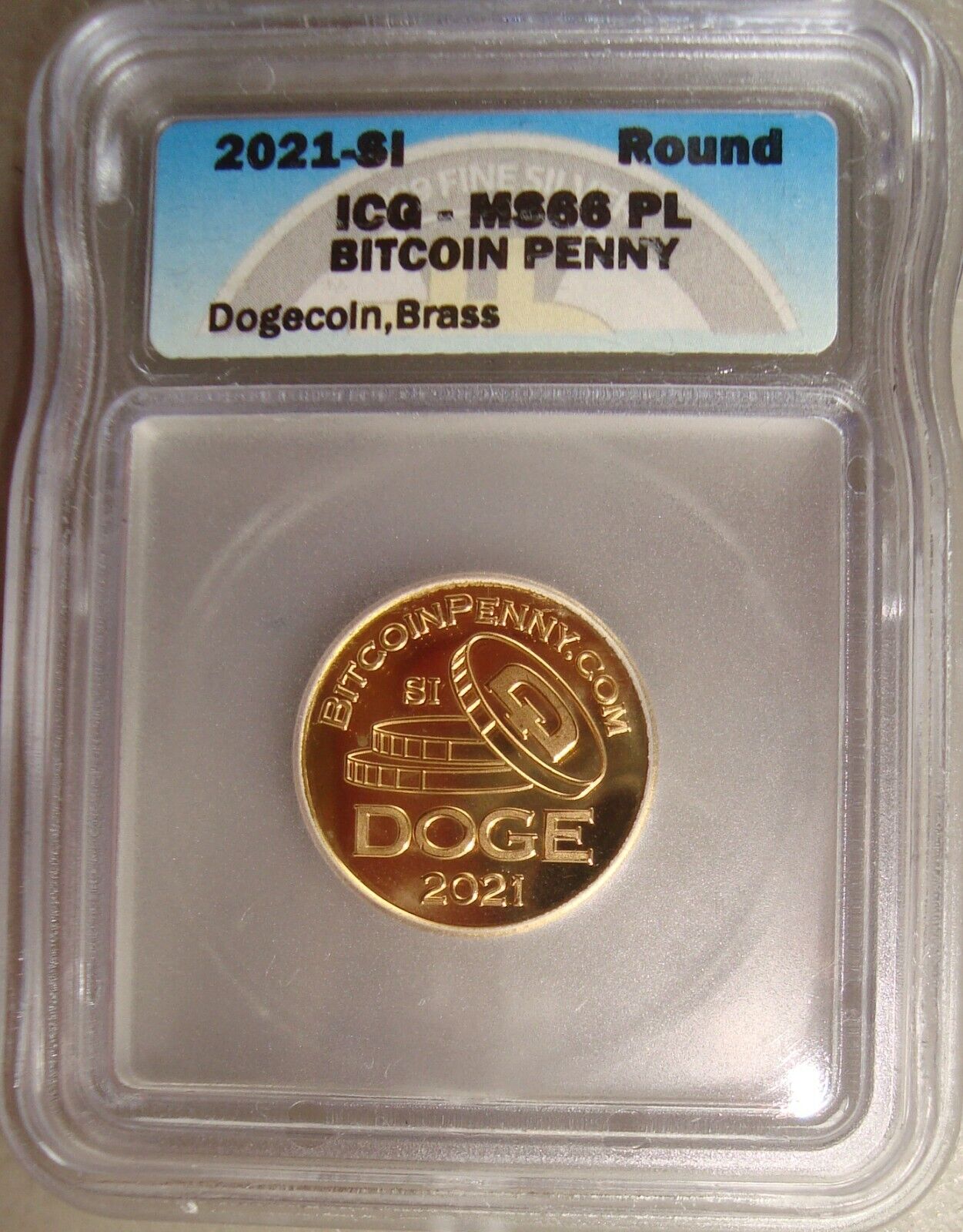2021-SI BTC Penny, Dogecoin Type, Brass - 150 Mintage ICG MS66PL Cryptocurrency